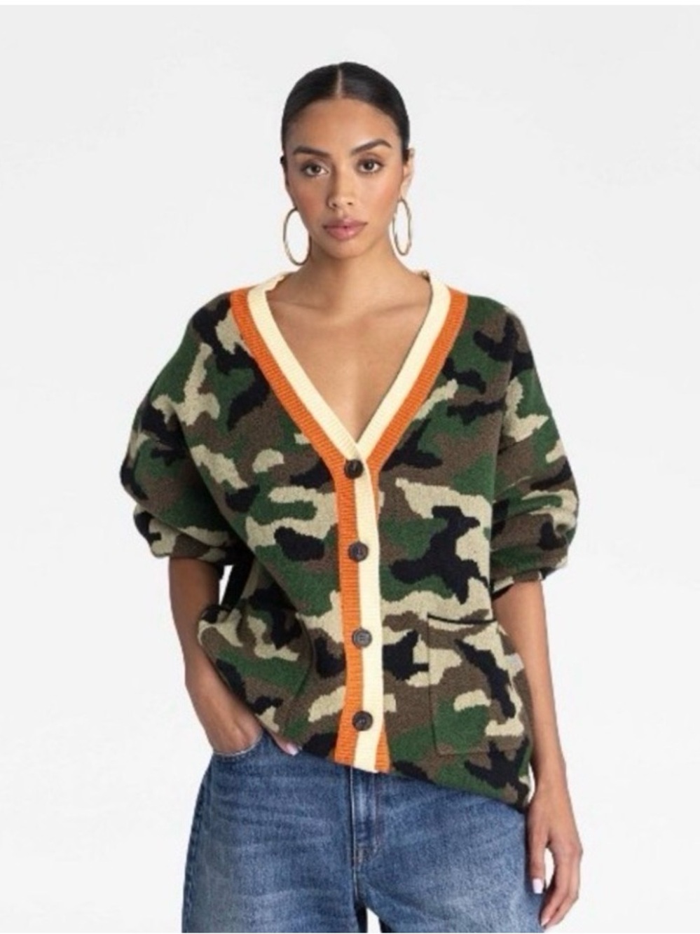 Camo V-Neck Button Cardigan with Contrast Trim - Green